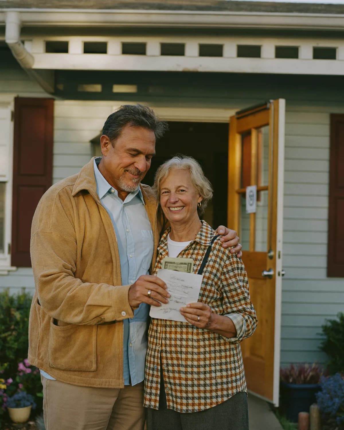 Homeowners on their porch with cash in hand after a purchase and lease-back